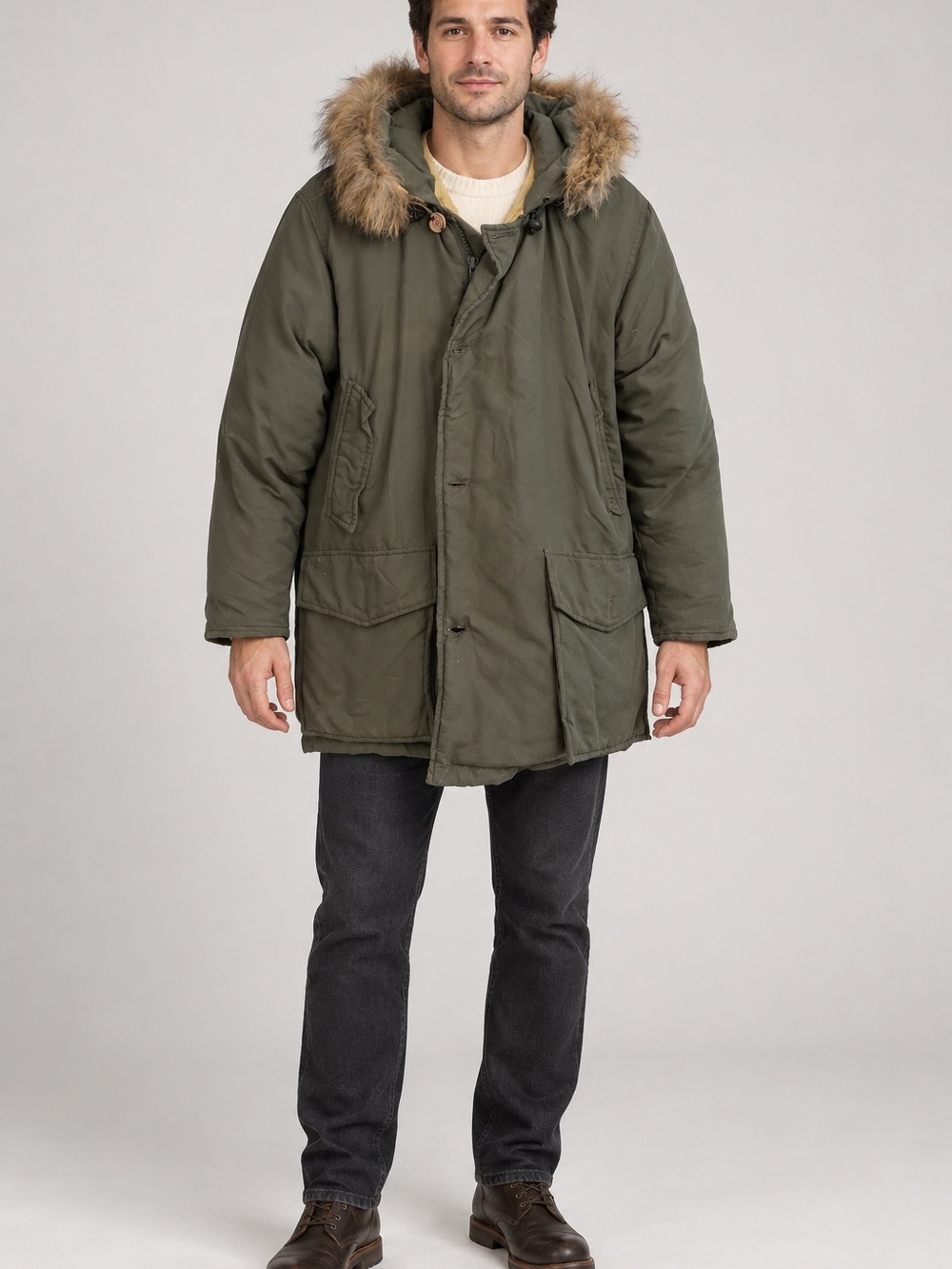 Woolrich John Rich & Bros. Artic olive green parka coat coyote-fur trim $800
